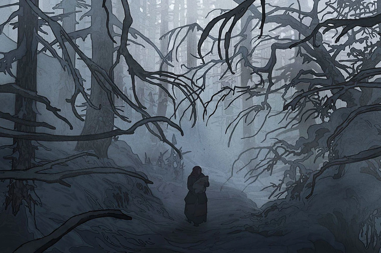Die Frau des Holzfällers im verschneiten Wald an den Bahngleisen
